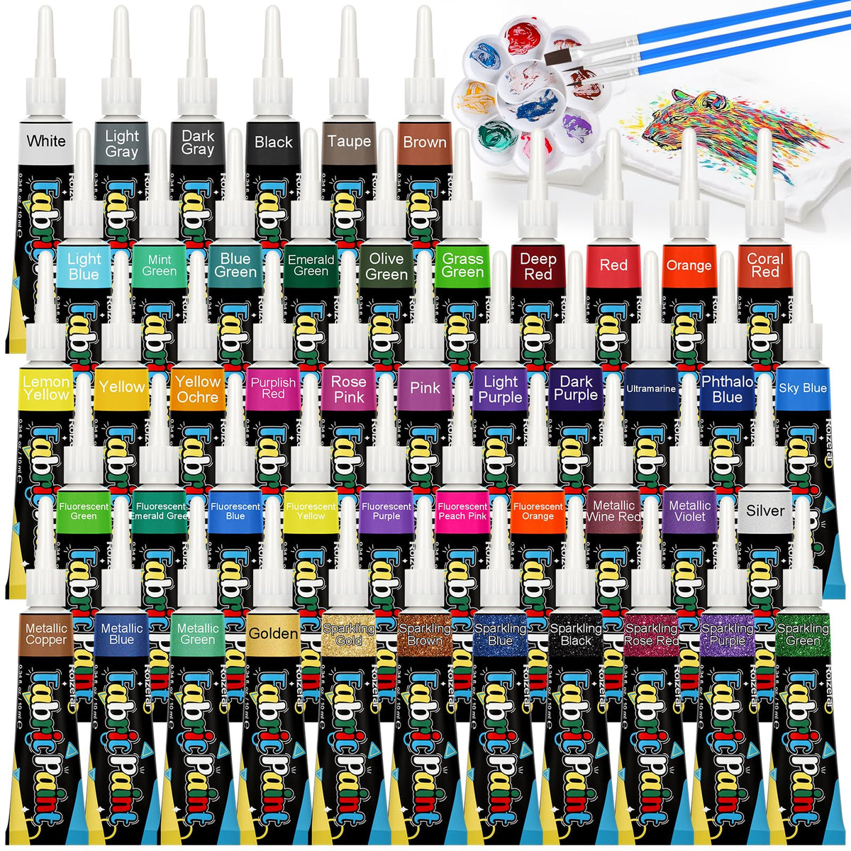 Fabric Paint Set, 48 Colors with Brushes & Palette, 0.34 oz Each