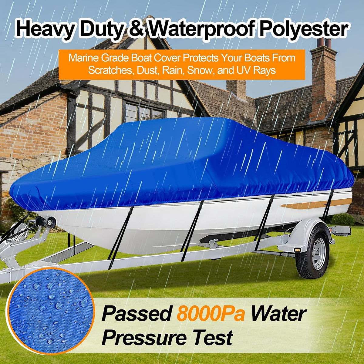 iCOVER Trailerable Boat Cover- 14'-16' Heavy Duty Waterproof Tarp Covers, Fits V-Hull, Fish&Ski, Pro-Style, Fishing