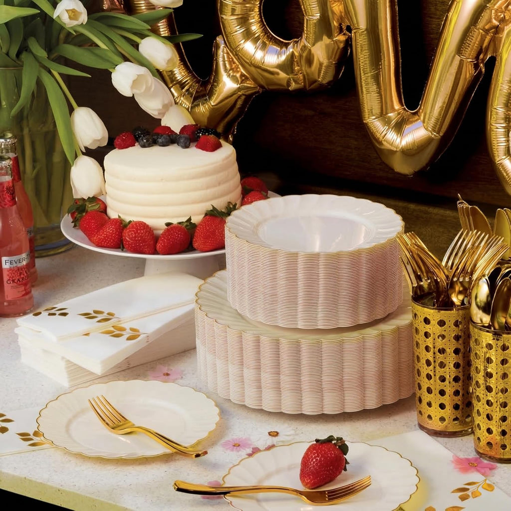HEAVYWEIGHT Ivory Gold Scalloped Disposable Plates for Party 60 Pc