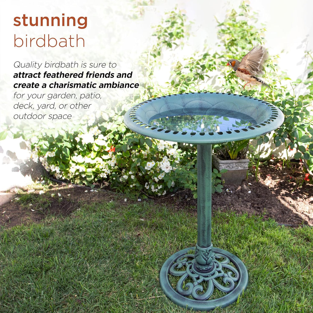 TEC116 Outdoor Aged Green Pedestal Birdbath with Scrollwork, 28" Tall, Green
