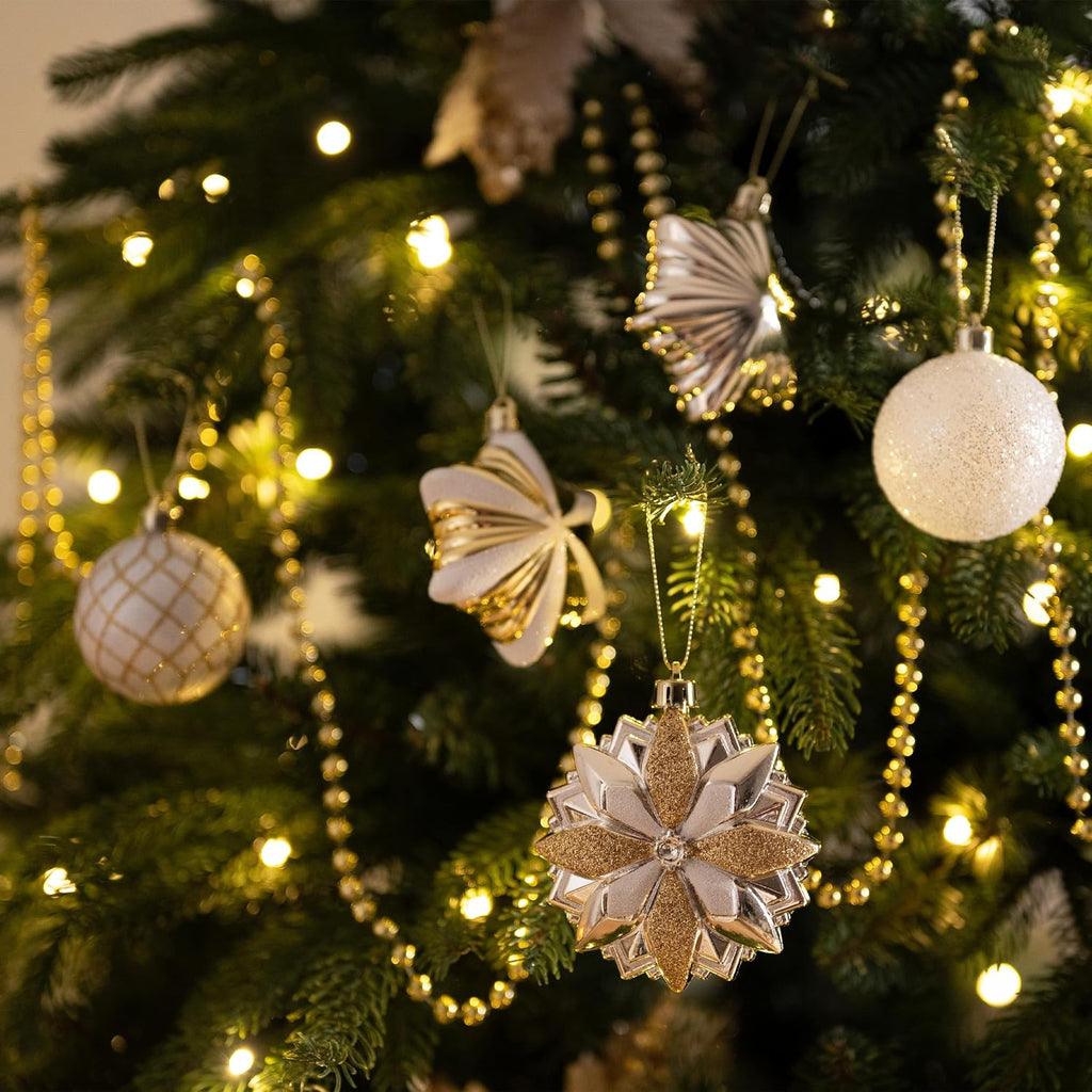 Christmas Tree Ornaments, 130ct White and Gold Shatterproof Christmas Tree Decorations, Elegant Hanging Ball