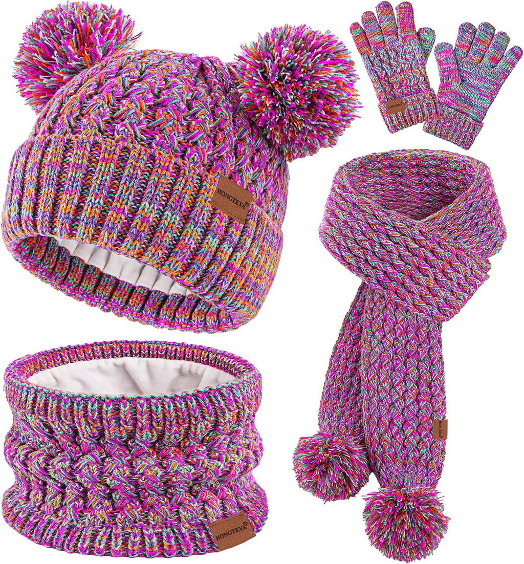 4 Pcs Kids Winter Hat Gloves Scarf Set, Thicken Warm Toddler Beanie Mittens Neck Warmer Set for Boys Girls 3-15