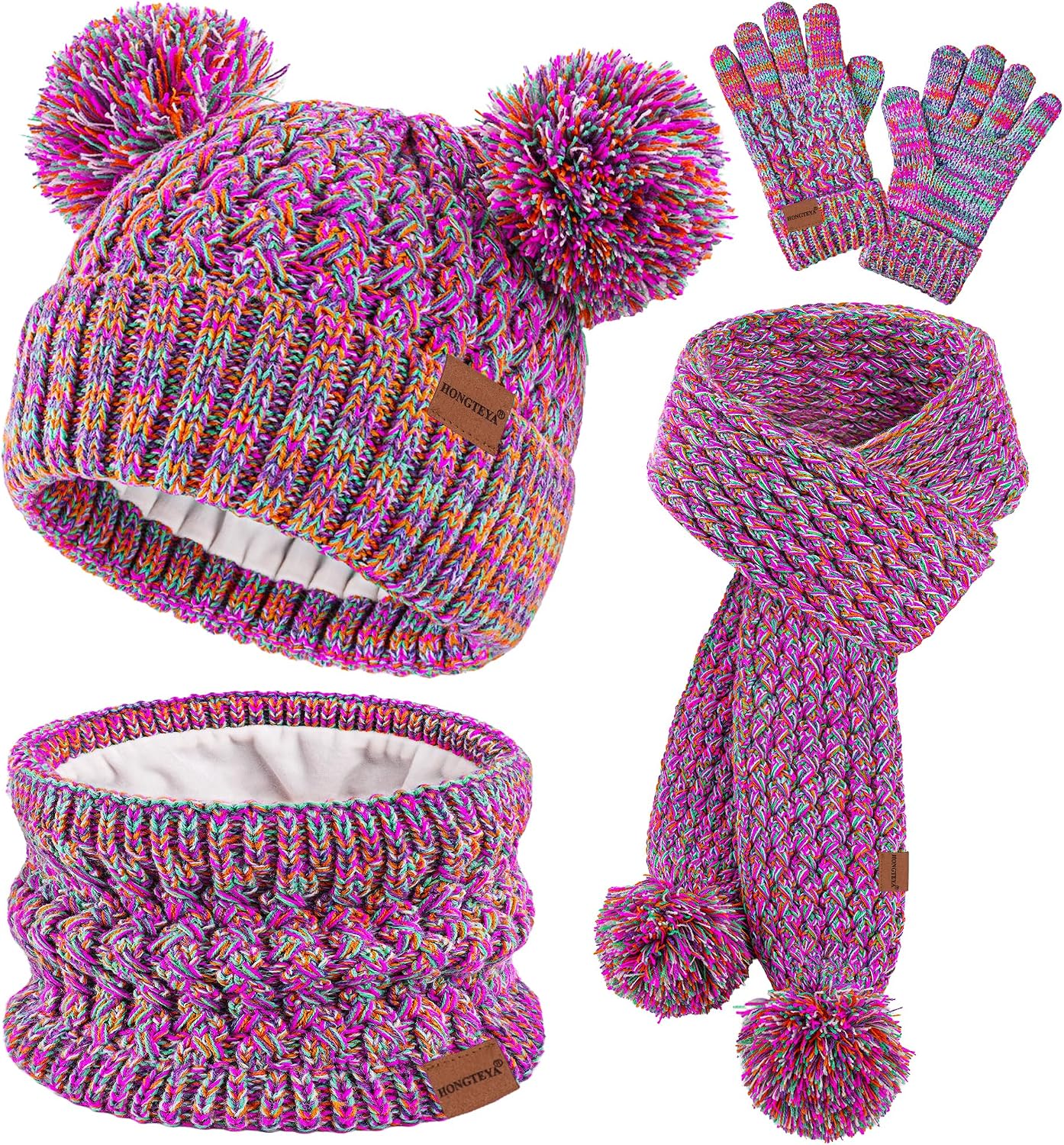 4 Pcs Kids Winter Hat Gloves Scarf Set, Thicken Warm Toddler Beanie Mittens Neck Warmer Set for Boys Girls 3-15