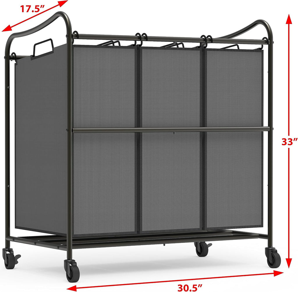 Heavy Duty 3-Bag Laundry Sorter Rolling Cart, Dark Grey | Removable Bags and Lockable Wheels for Laundry Room