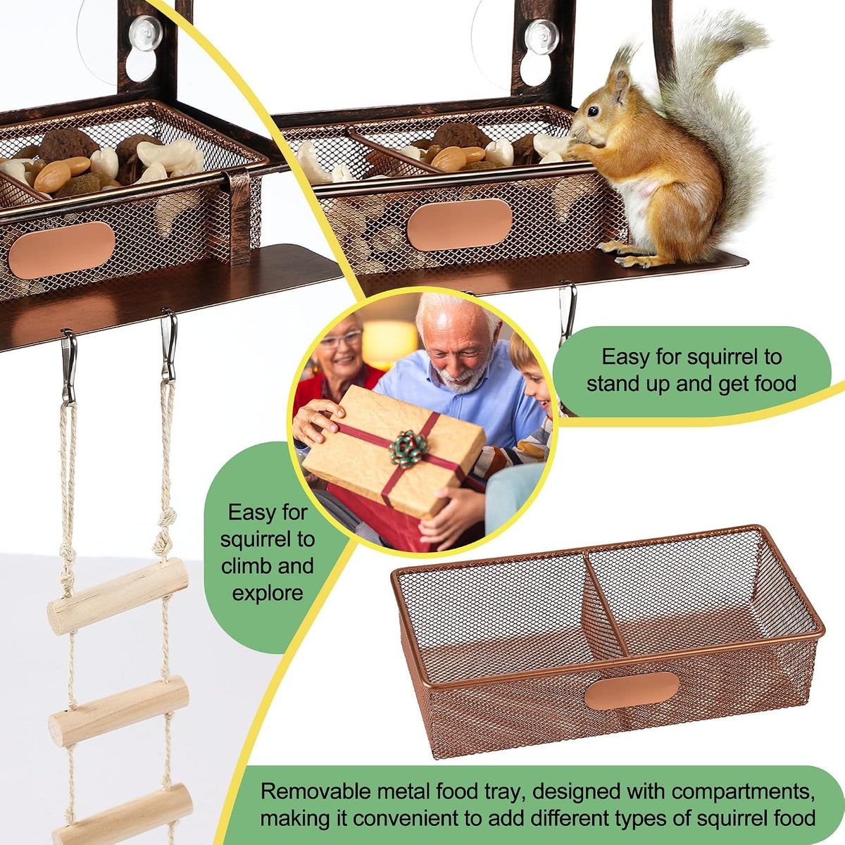Window Squirrel Feeder, Metal, Strong Suction Cups & Ladders