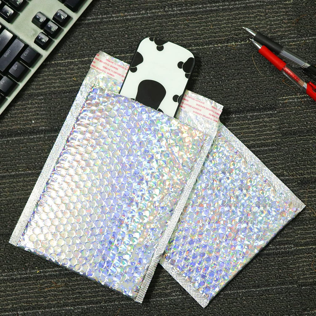 50 Pieces 6 x 10 Inch Holographic Bubble Mailers, Silver Metallic Padded Bubble Mailers, Glamour Self Sealing Cushion