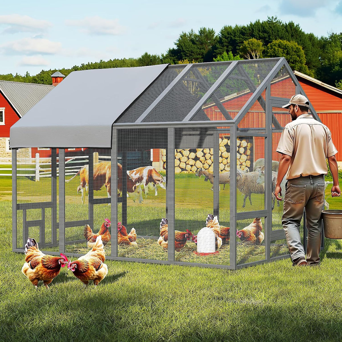Wooden Large Chicken Coop, Walk-in Poultry Cage, Gray