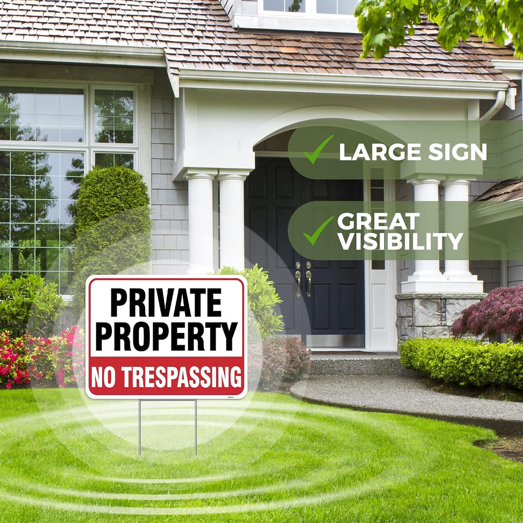 2PC Private Property No Trespassing Sign with Metal Stakes, 17"x13" - Corrugated Plastic - No Trespass Keep Out