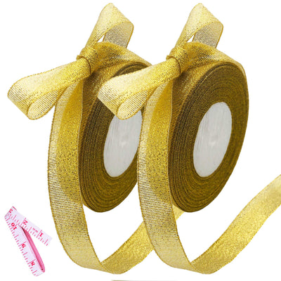 2 Rolls 50 yards Metallic Gold Glitter Ribbons, 5/8 Inch Sparkly Fabric Width Ribbon for Gift Wrapping, crafts