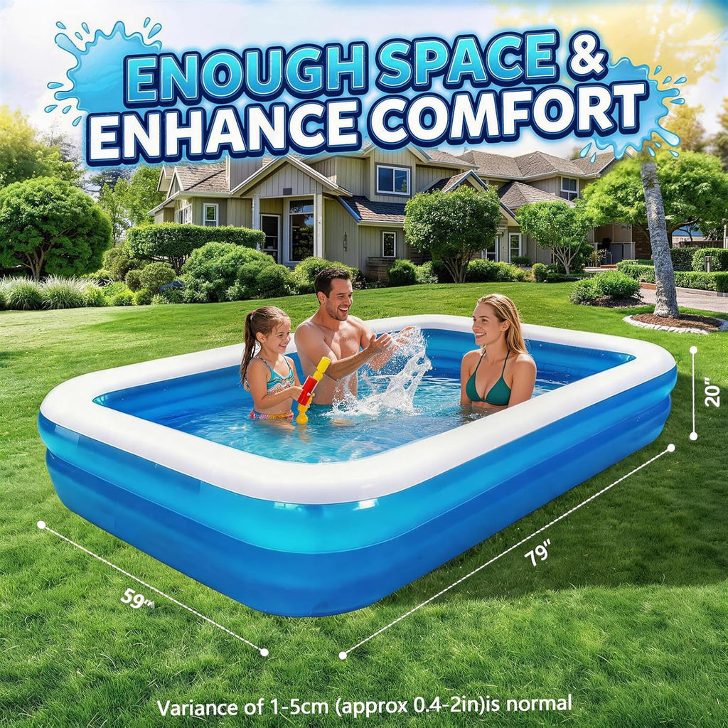 Full-Sized Inflatable Swimming Pool, Extra Large Blow Up Pool, Heavy Duty Above Ground Pool with Drain Valve