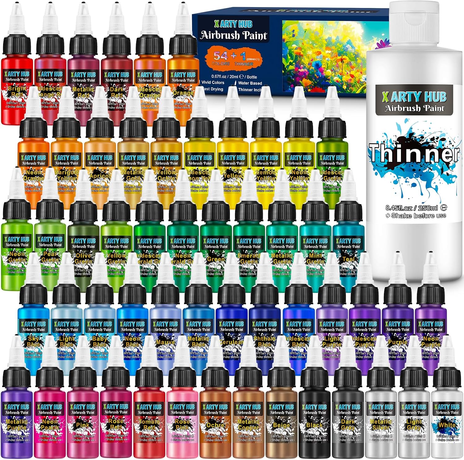 Airbrush Paint Set, 54 Acrylic Paints with 8.45 fl oz Thinner | Ready-to-Spray, Iridescent, Neon & Metallic Colors