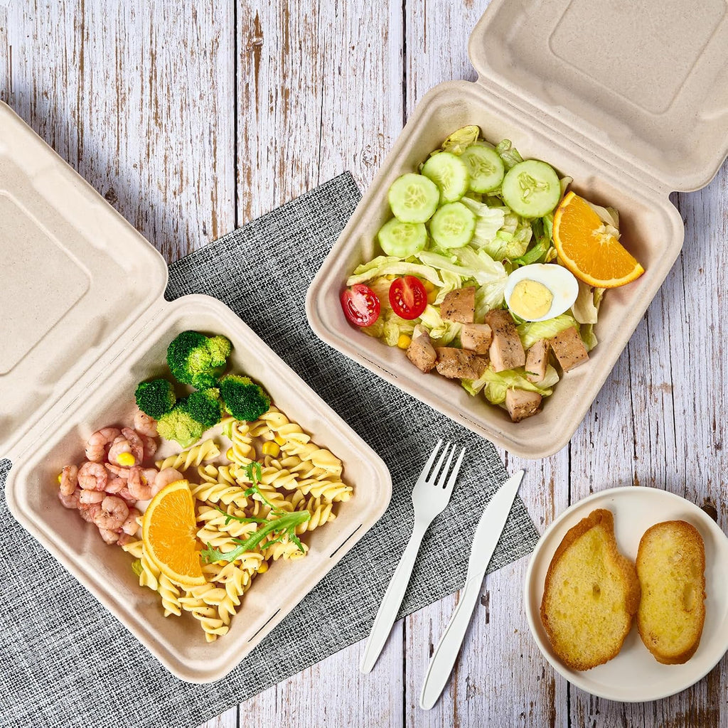 50 Pack Compostable Clamshell Take Out Food Containers, 8 inch