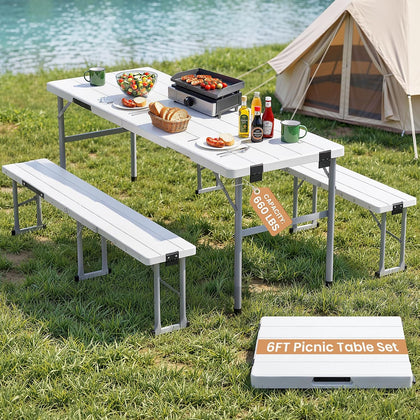 6' Picnic Table Set w/2 Benches 3-Piece 1-Case Camping Table Chair Set | HDPE Tree Pattern Top for Indoor or Outdoor