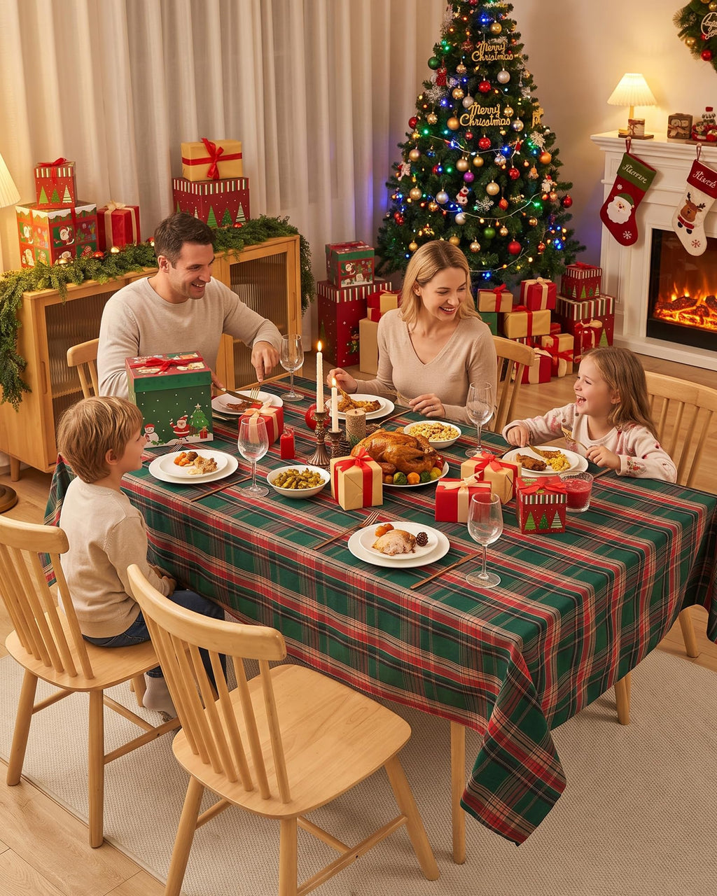 Christmas Tablecloth Rectangular, Tartan Plaid, 60x84 Inch