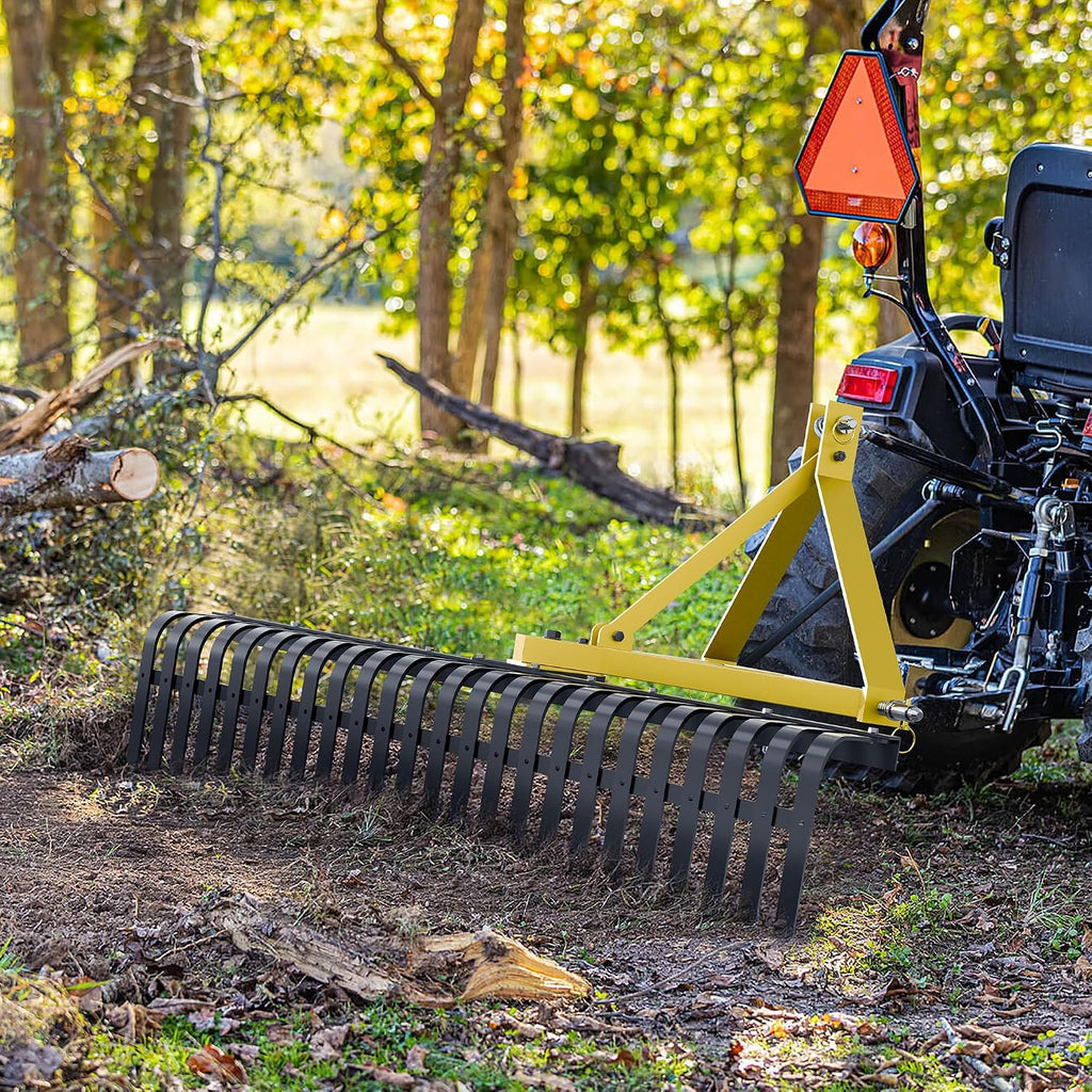 60" 3 Point Rock Rake for Tractors, Heavy-Duty Landscape Rake with 360° Rotation, Category 1 Hitch Attachment