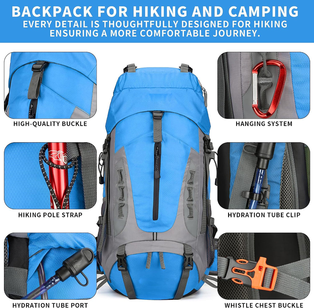 75L Hiking Backpack with Rain Cover Waterproof Camping Backpack Shoes Warehouse for Men Women, Frameless