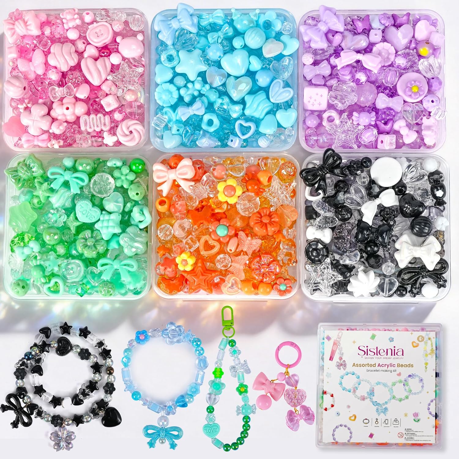 480PCS Acrylic Beads for Bracelet Making Kit with String, 6 Colors Assorted Cute Beads Bracelet Charms for Jewelry