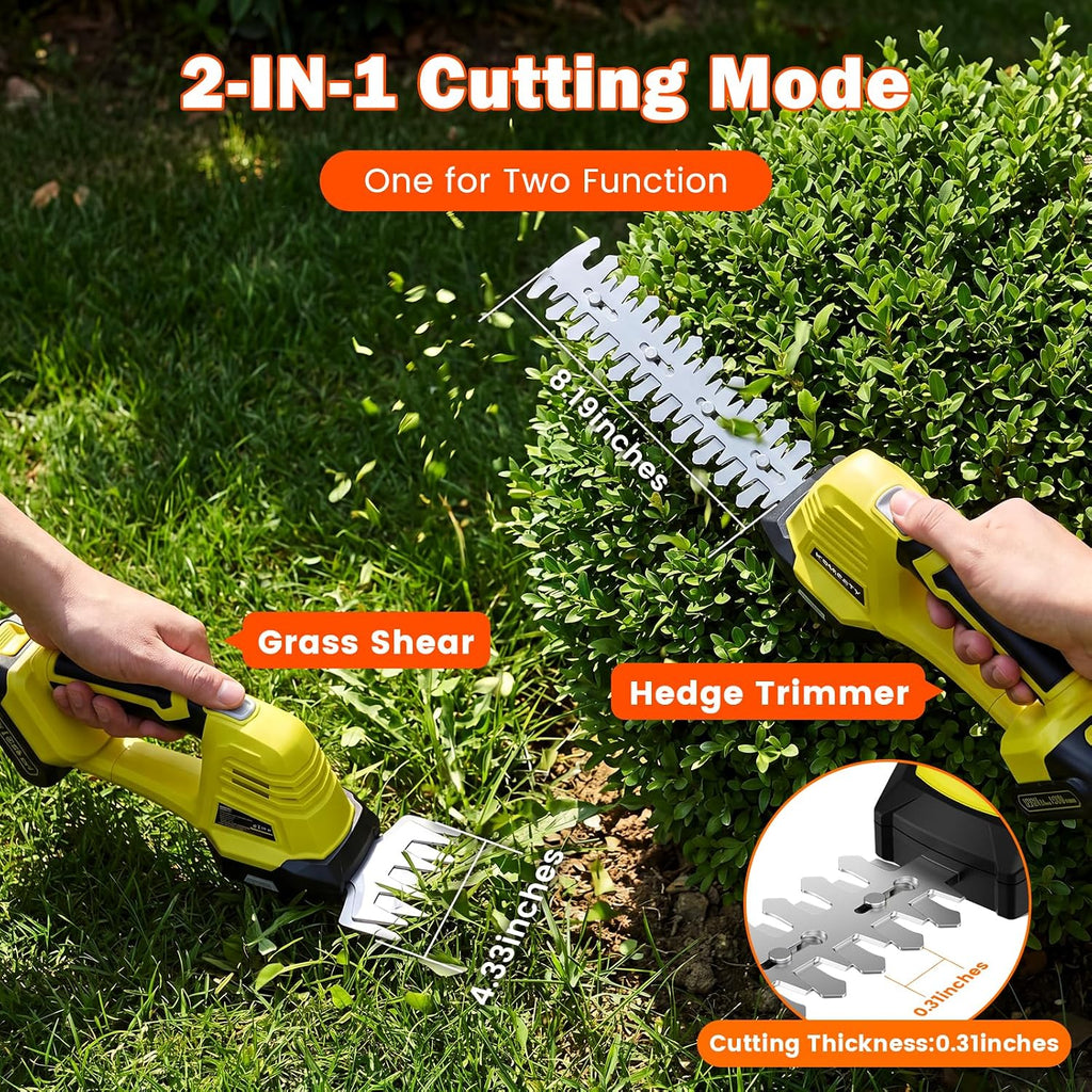 20V Hedge Trimmer Cordless with 2 Battery and Charger, 2 In 1 electric Hedge Shears, Shrub Trimmers with 2 Blades