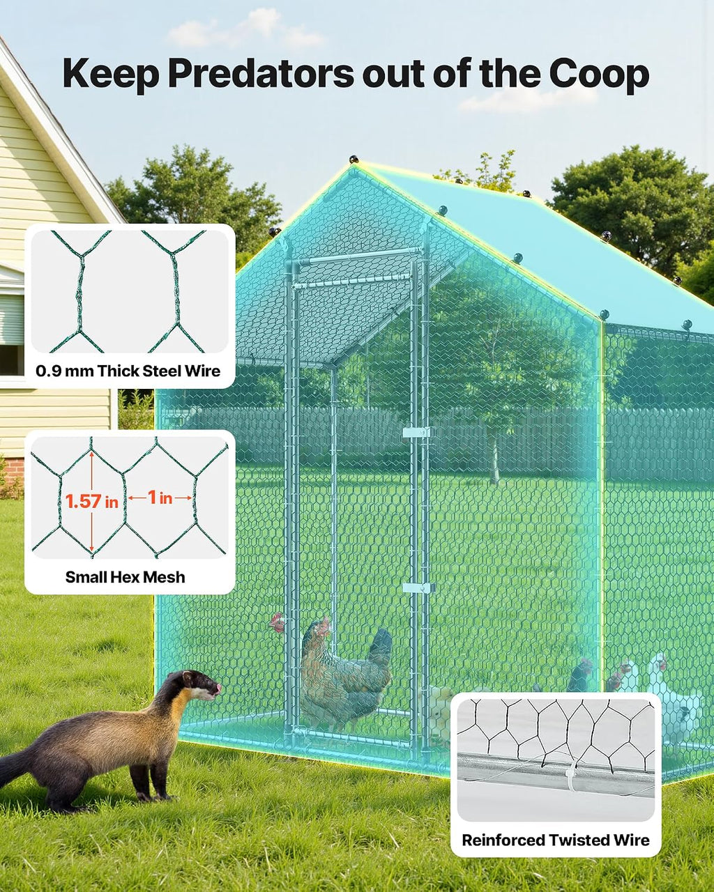 Large Metal Chicken Coop,6.6 x 3.3 x 6.6 ft, Walk-in Chicken Run House with Waterproof Cover & Sturdy Frame, Spire