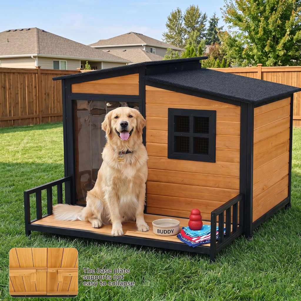 44" Anti-Chew Large Outdoor Dog House, Wooden Iron Frame for Med-Large Dogs