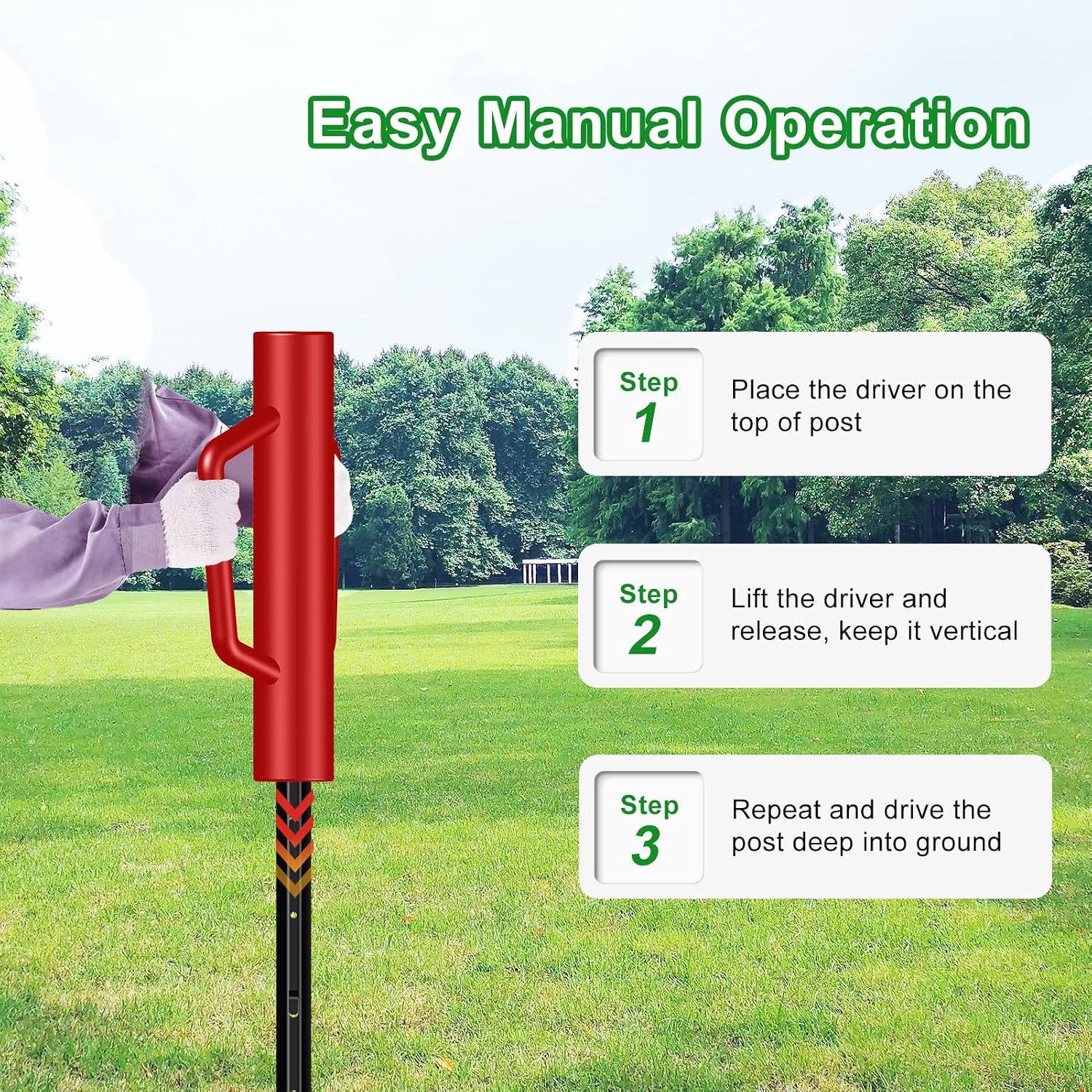 Fence Post Driver with Handle 12LB, T Post Pounder for Wire Fencing, Red