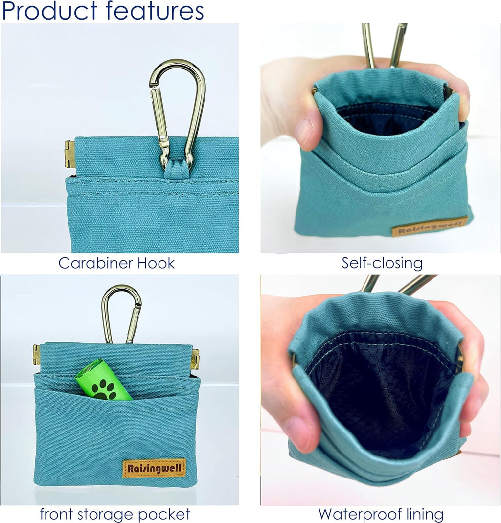 Dog Treat Pouch, Green Pocket Sized Pet Training Pouch, Cotton Fabric, Hand Free Dog Walking Bag with Carabiner