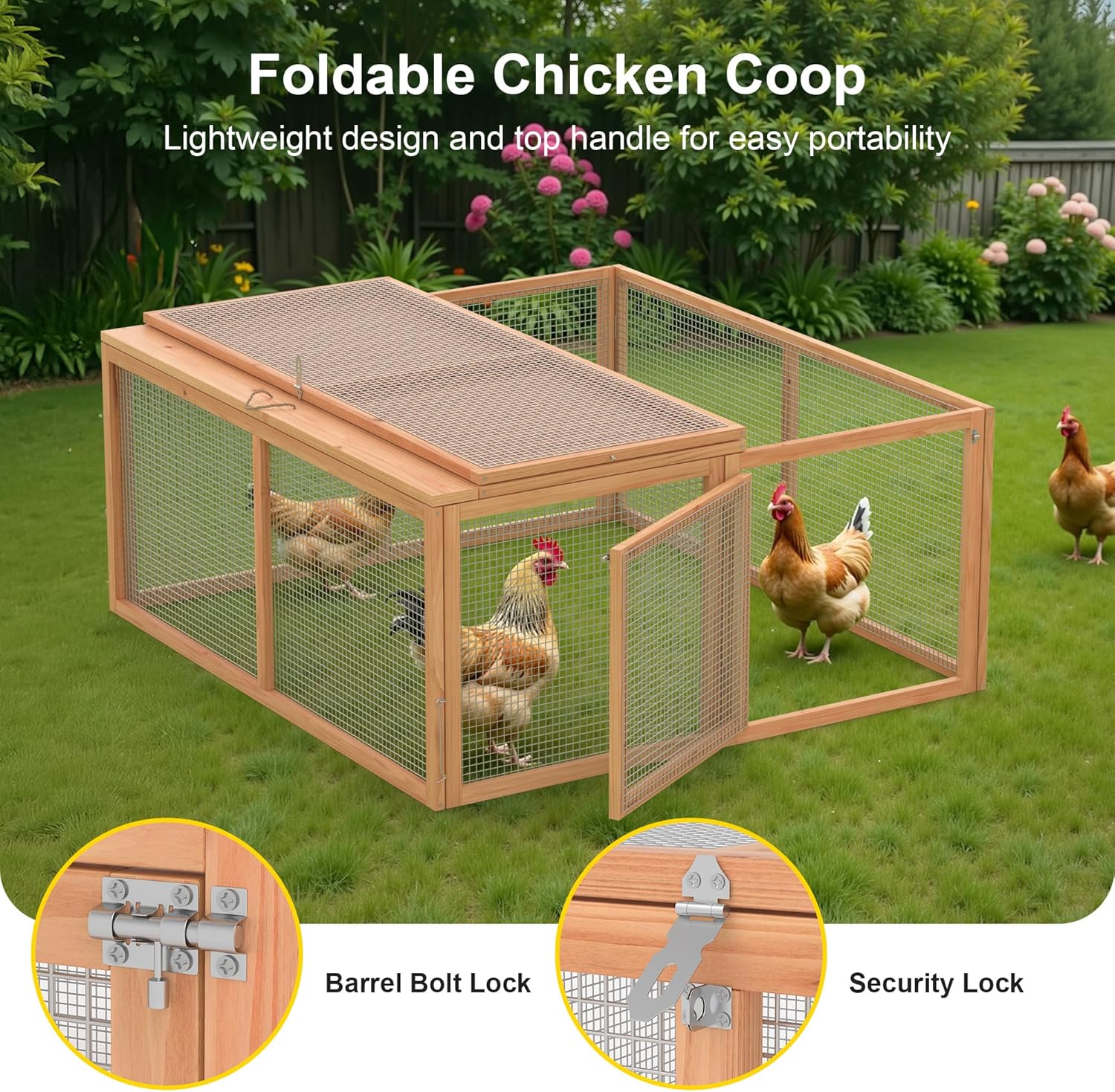 Chicken Coop, Folding Rabbit Hutch w/Handle Wooden Chicken Cage Pens w/Top & Sidewall Opening Doors Portable Small