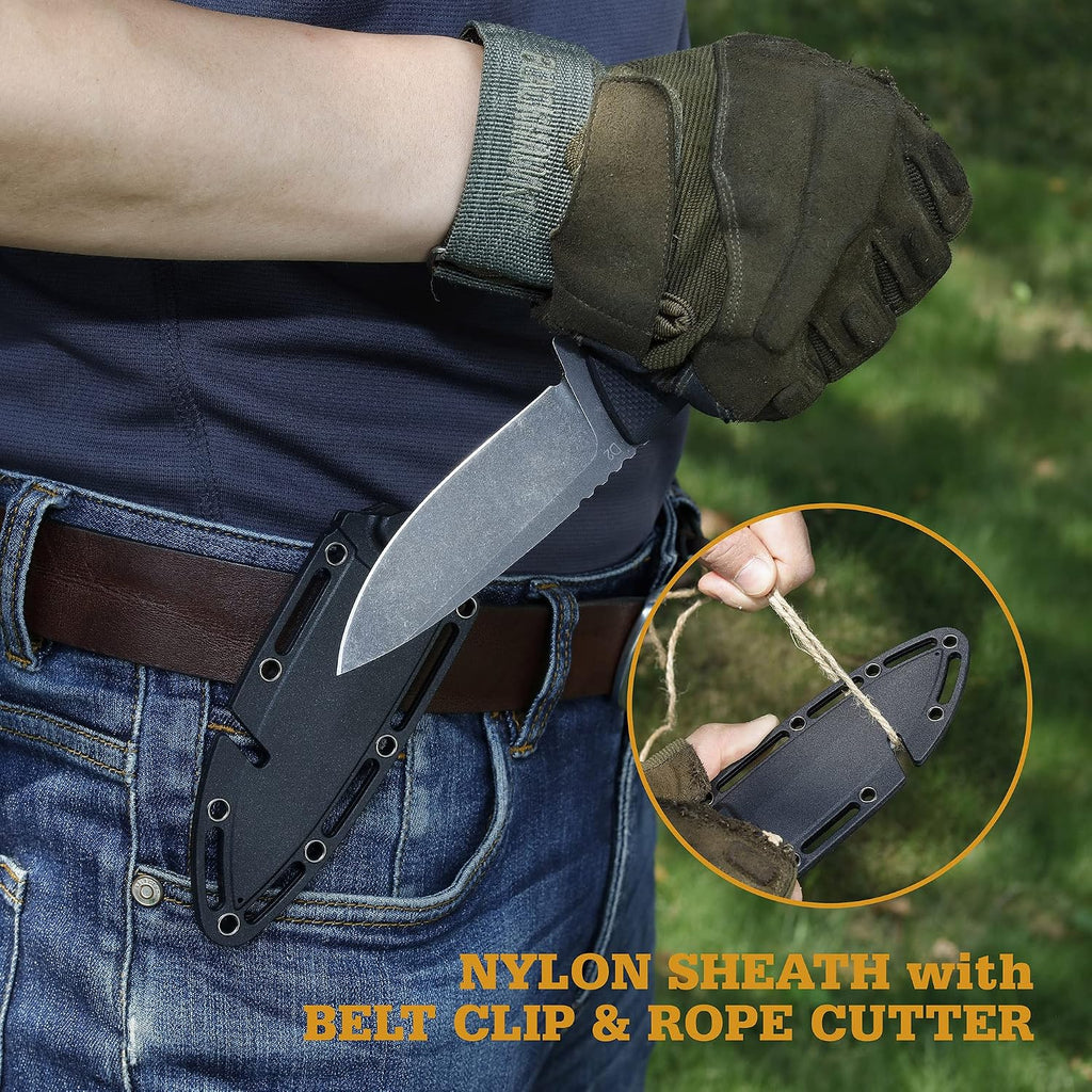 8.5" Full Tang Fixed Blade Knife with Nylon Sheath | Survival Hunting Knife with D2 Blade and Ergonomic G10 Handle