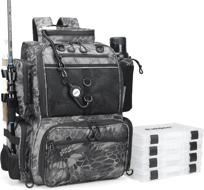 Fishing Tackle Backpack with Rod Holders, Bottle Holder, Storage Bag Store Fishing Gear