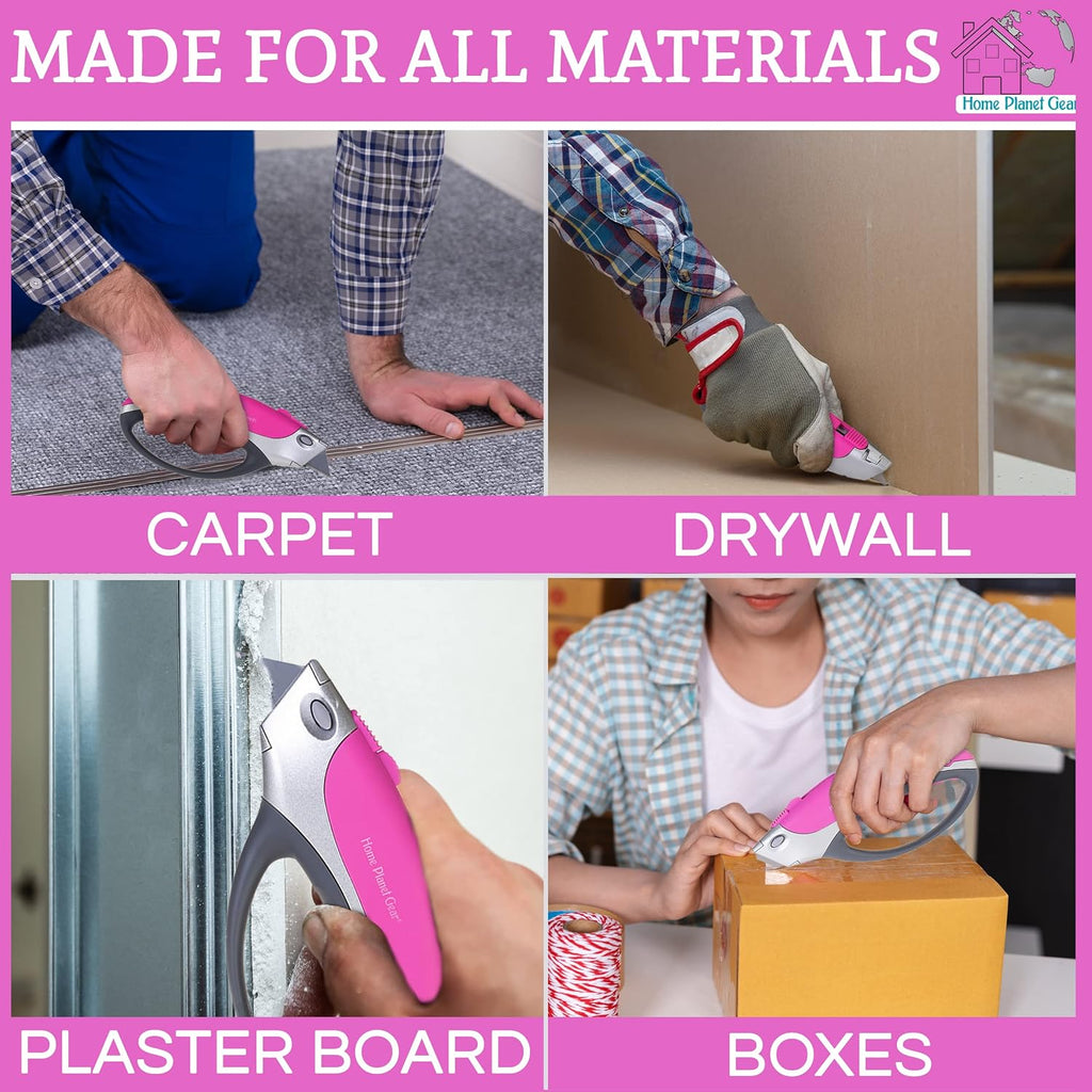 Pink Box Cutter Retractable Utility Knife - Heavy Duty Box Cutter Knife Cardboard Cutter - Box Opener Razor Blades