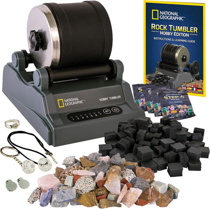 National Geographic Hobby Rock Tumbler Kit for Kids and Adult Beginners | Leak-Proof Barrel, 7-Day Timer, Rough
