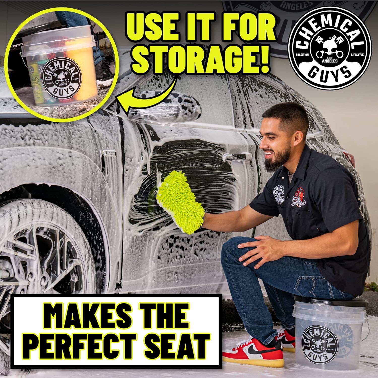 Ultimate Car Wash Bucket Kit, Dirt Trap, Mitt, Soap & Lid | Grit guard sinks debris to the bottom so it stays off