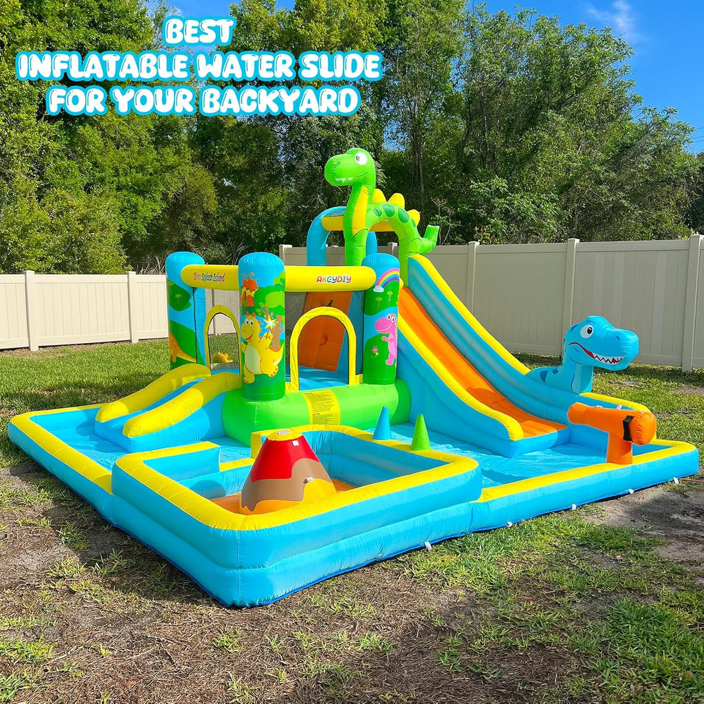 Inflatable Water Slide,13 in 1 Dinosaur Themed Bounce House Water Park for Kids 3-12 with Dual Big Splash Pool&Long