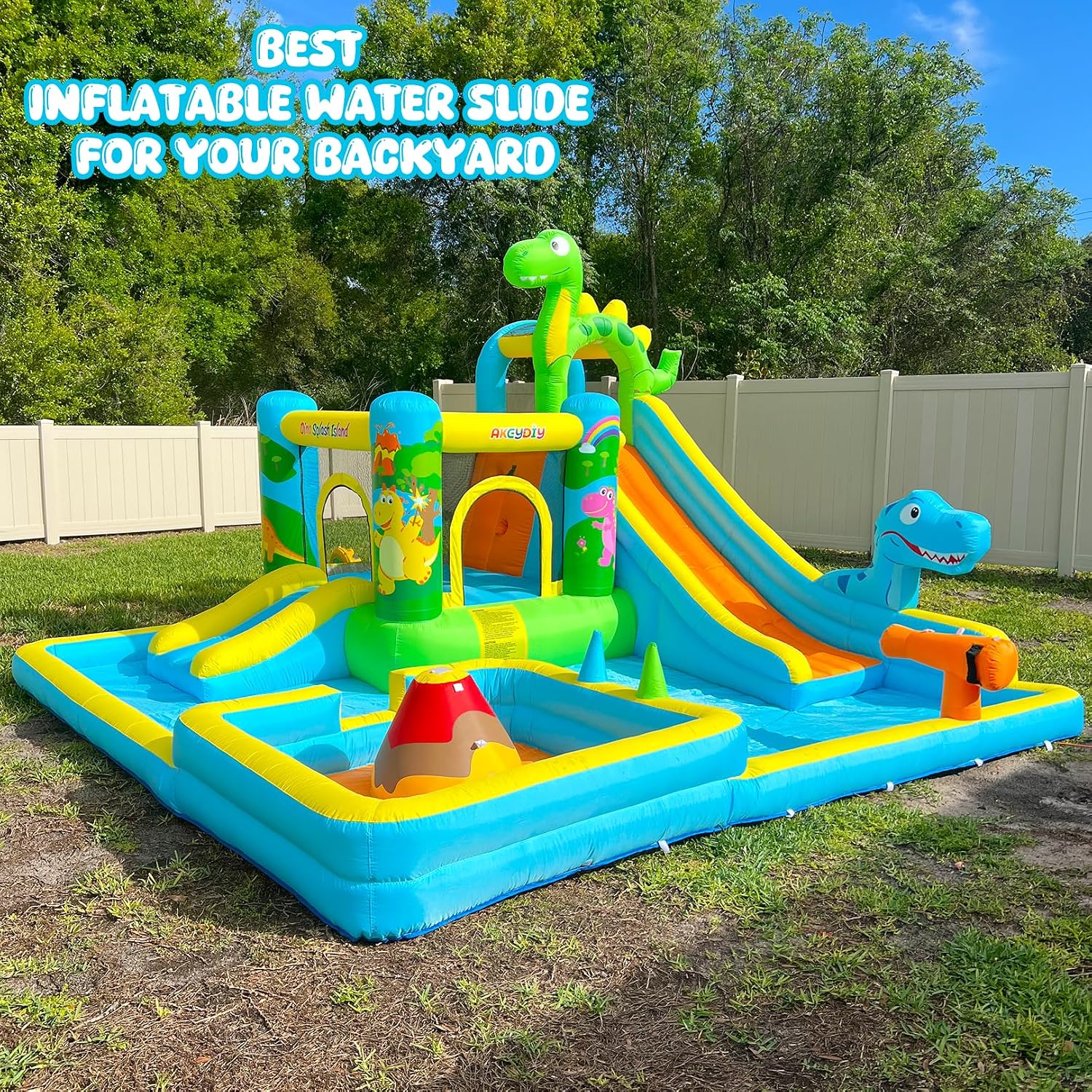 Inflatable Water Slide,13 in 1 Dinosaur Themed Bounce House Water Park for Kids 3-12 with Dual Big Splash Pool&Long