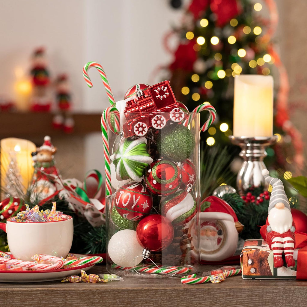 Christmas Ornaments Set, 100ct Red Green White Shatterproof Christmas Tree Decorations Variety Ball Ornaments Bulk