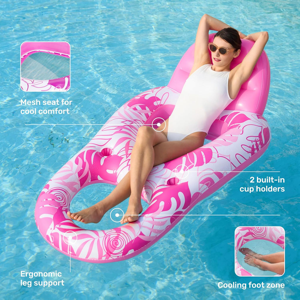 Inflatable Pool Floats Lounger Adult, Pool Float Lounge Raft Floaties Water Floating Recliner Chair with Cup Holders