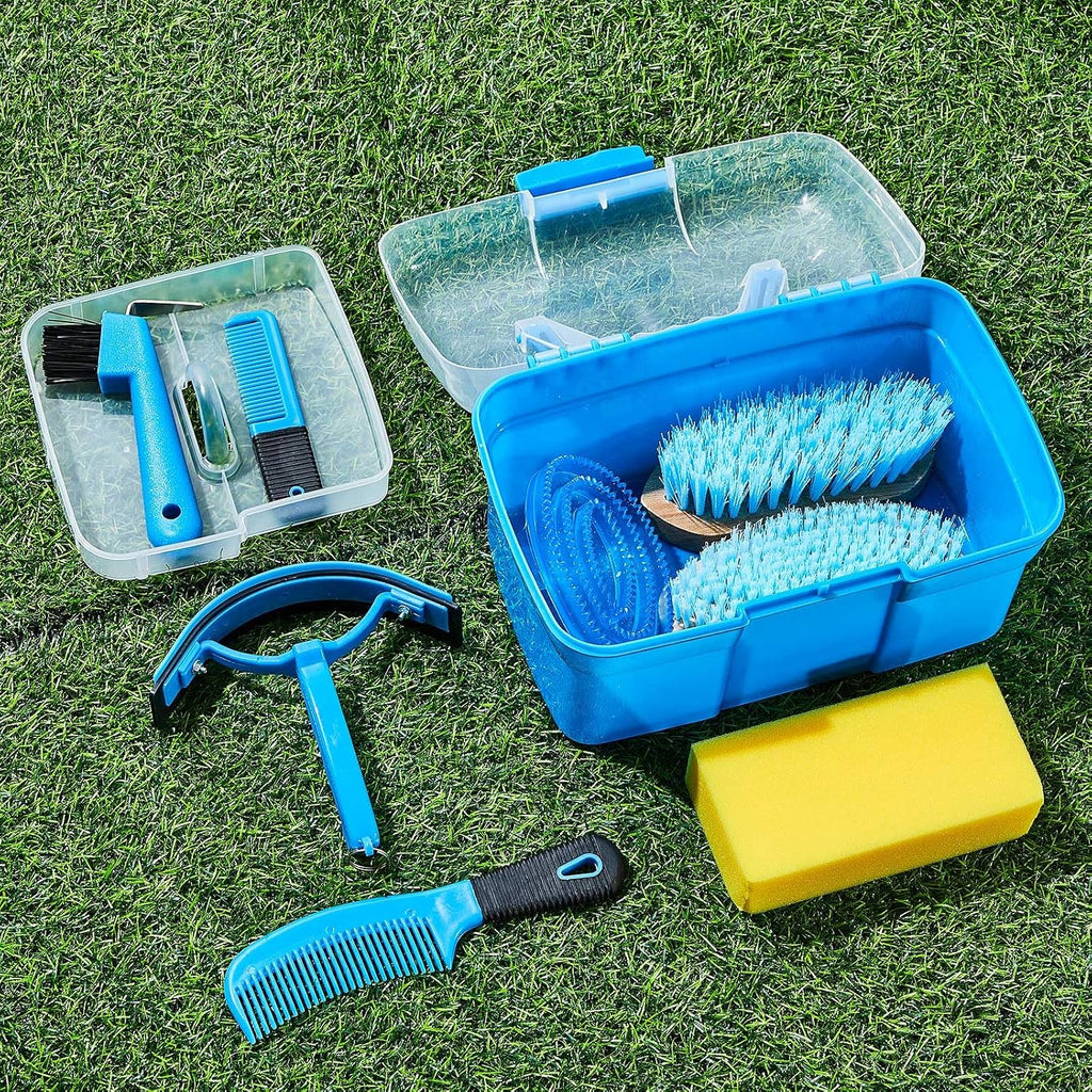 9 Pieces Horse Grooming Kit with Organizer – Curry Comb, Hard & Soft Brushes, Hoof Pick, Sweat Scraper, Sponge –