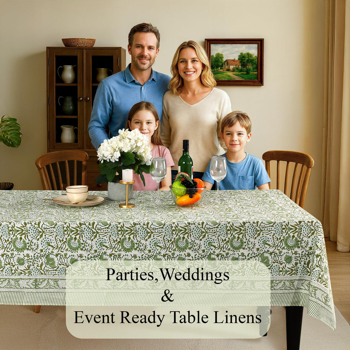 CPC Agate Green Block Print 100% Cotton Square Tablecloth 60x60 Inch