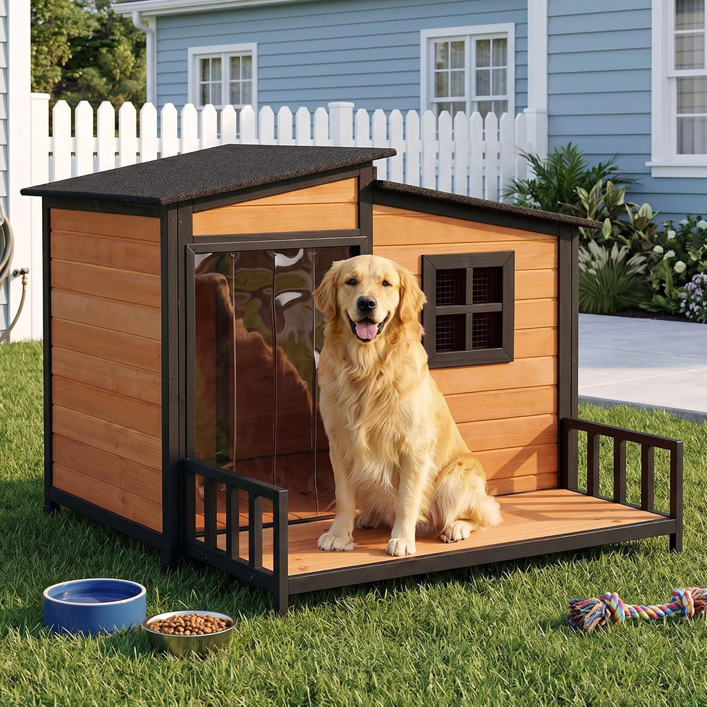 XLarge Dog House Outdoor Anti‑Chew Iron Wooden Elevated Dog Kennel Home 44"