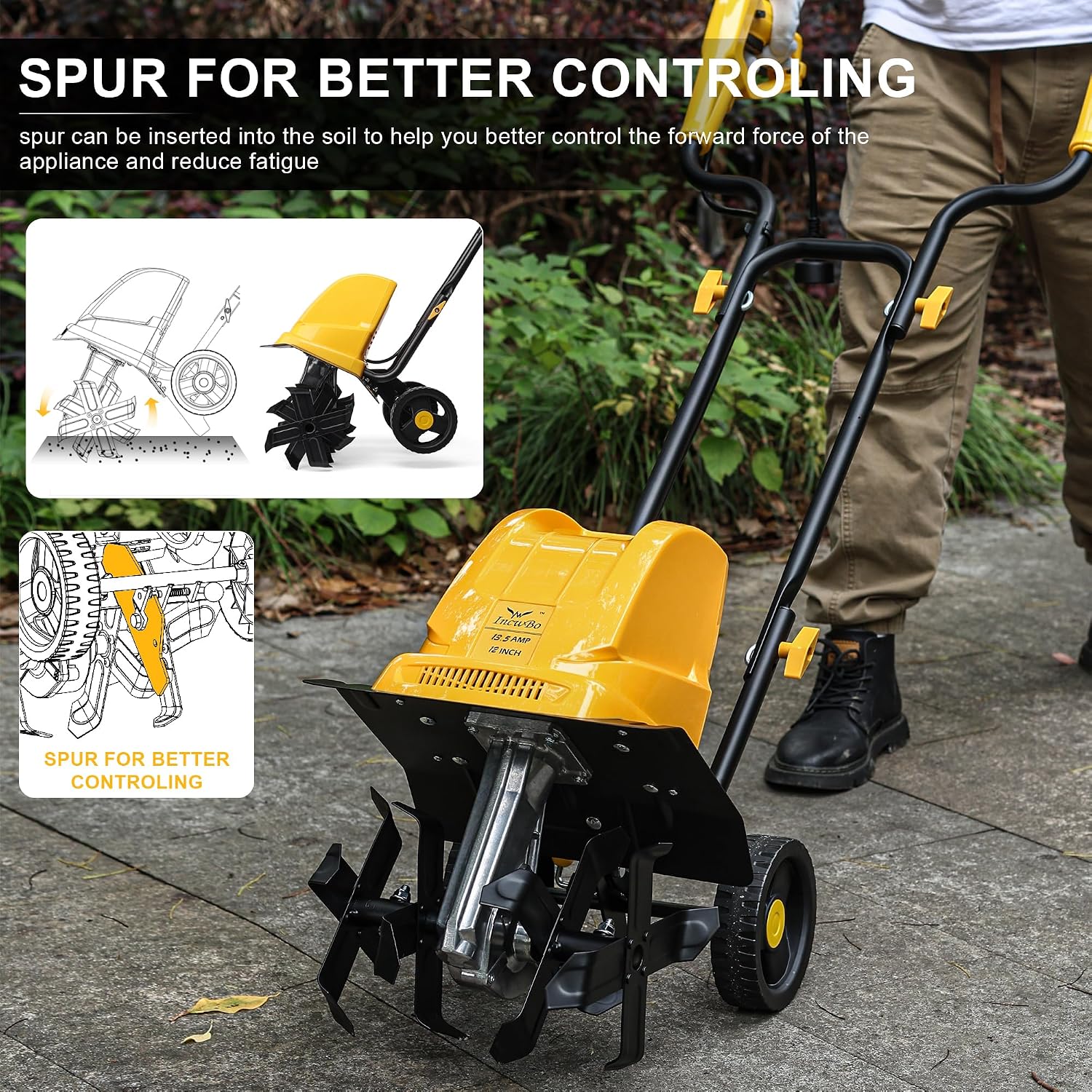 Electric Tiller/Cultivator 4 Steel Tines, 8'' Tilling Depth Garden Roto Tillers for Gardening, 13.5 Amp 12 Inch