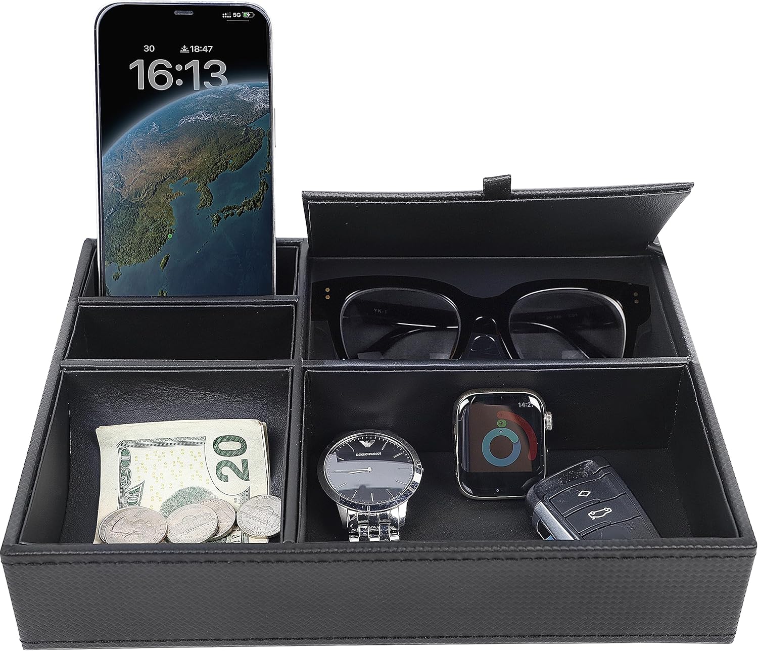 Men's Valet Tray, Jewelry Box Nightstand Organizer with 5 Compartments for Phone Keys Wallet Watch Glasses, Faux