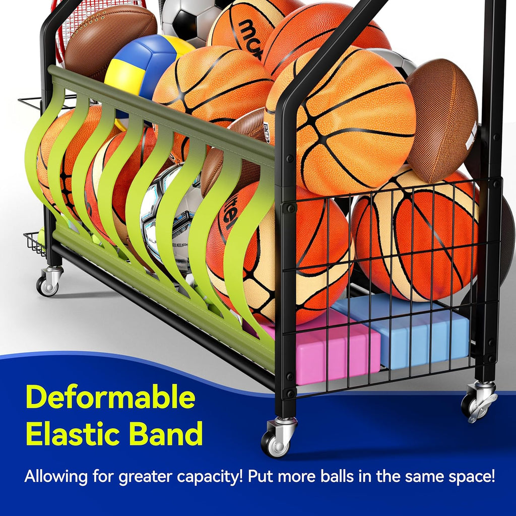 Sports Equipment Organizer, Large Capacity Garage Ball Storage Rack | Heavy-Duty Rolling Ball Cart with Locking