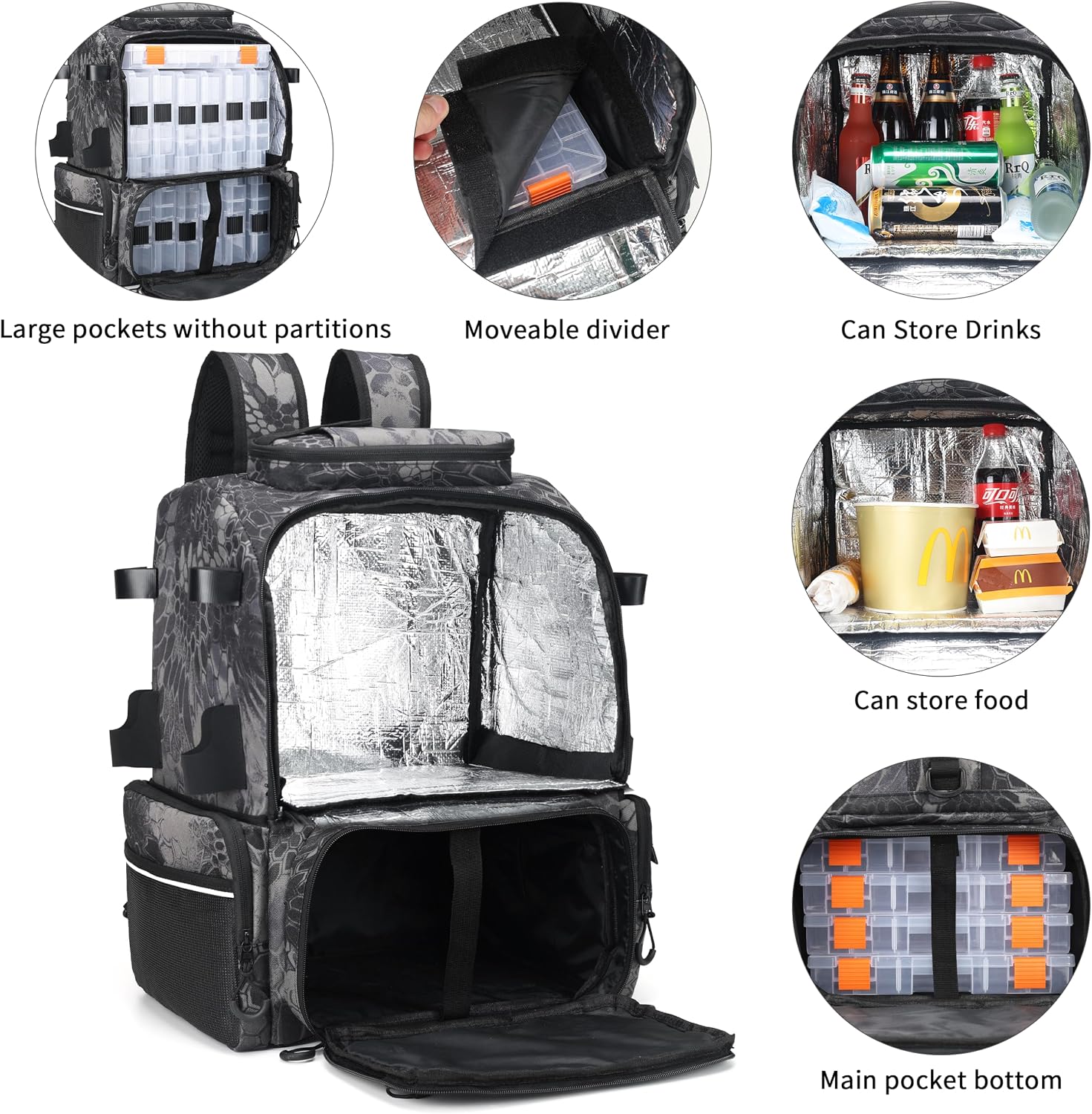 Fishing Tackle Backpack, 45L Storage Waterproof Travel Bag Store Fishing Gear with Insulated Top Pocket