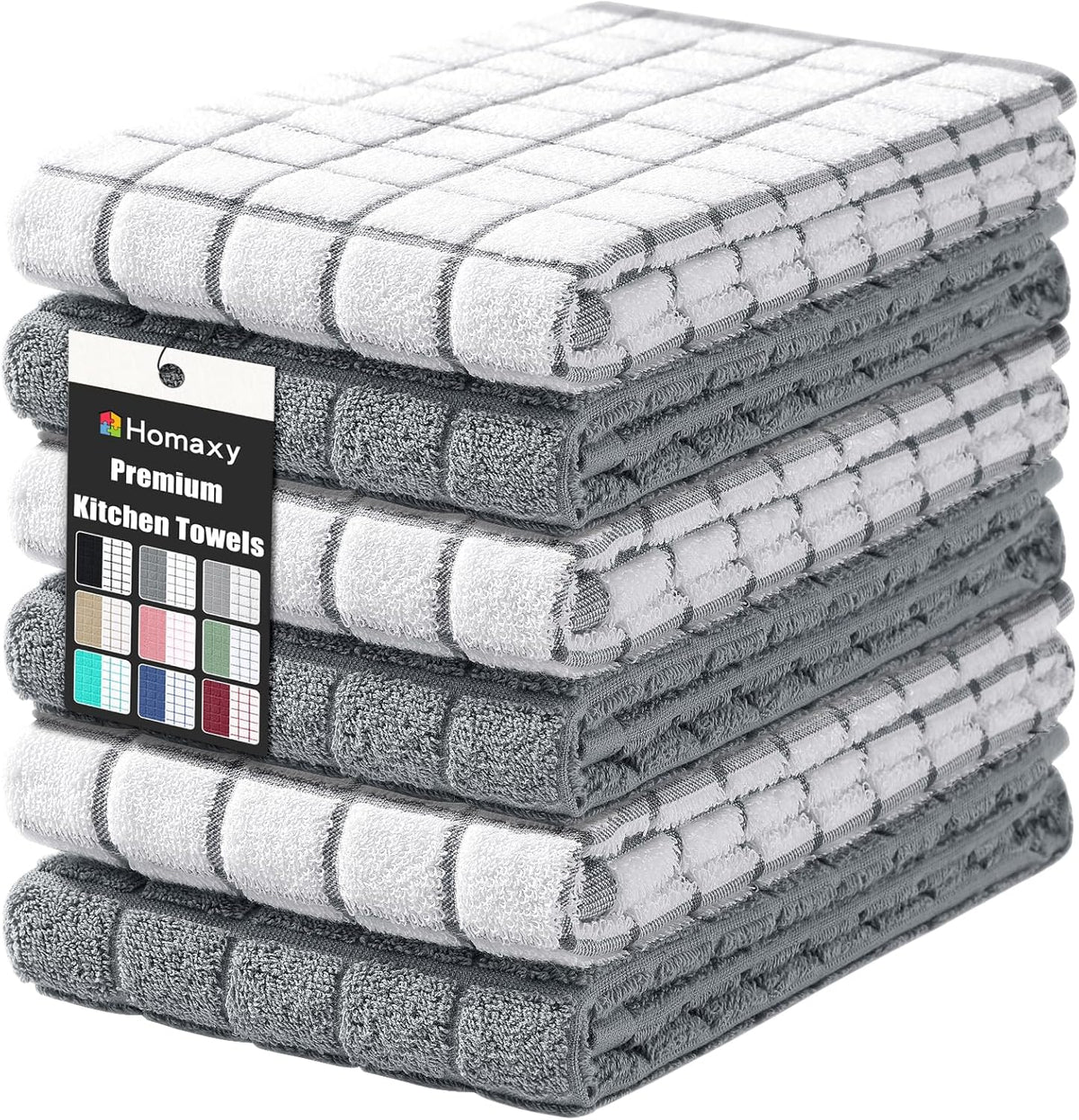 Large Premium Cotton Kitchen Towels 16"x 28", 6 Pack, Grey | Natural Ring Spun 390 GSM Dish Towels, Super Absorbent