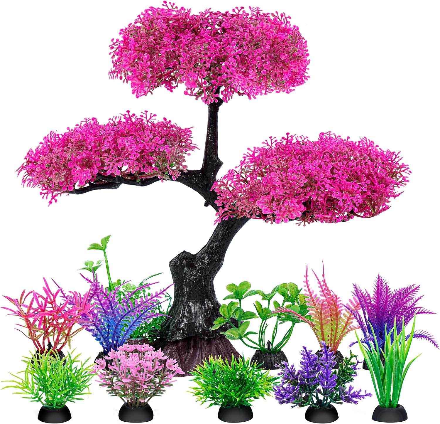 Pink Artificial Plastic Tree Aquarium Plants Decor Set, 11PCS | Soft Cherry Blossom Tree Fish Tank Decorations, Betta