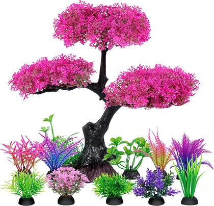 Pink Artificial Plastic Tree Aquarium Plants Decor Set, 11PCS | Soft Cherry Blossom Tree Fish Tank Decorations, Betta