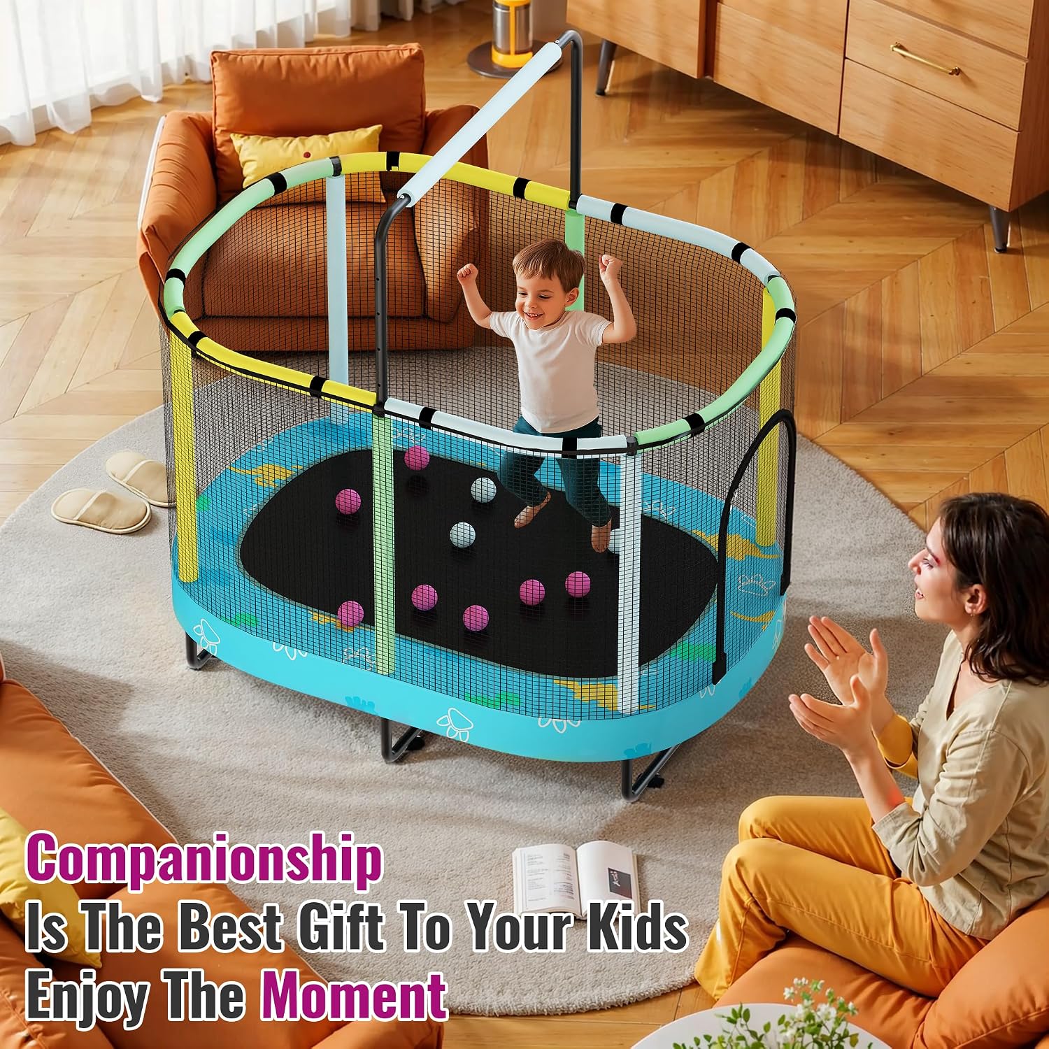 Kids Trampoline, Indoor Trampoline Approved by ASTM, Safety Enclosure Net and Adjustable Handrail, 1-8 Children
