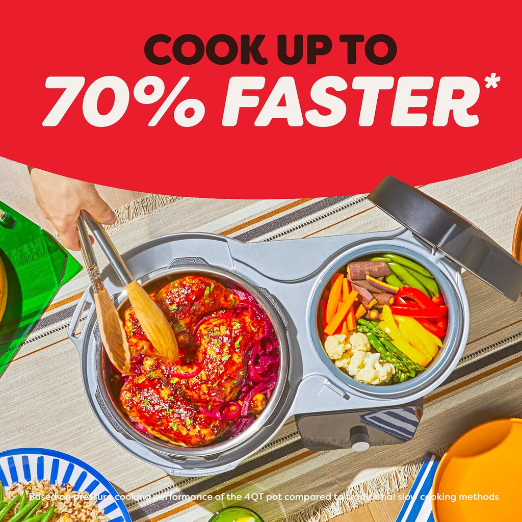 Dual Action 8‑in‑1 Multi-Cooker with Serve Together Smart Timing, 4Qt Pressure Cooker & 2Qt Rice Cooker, Cook Mains &