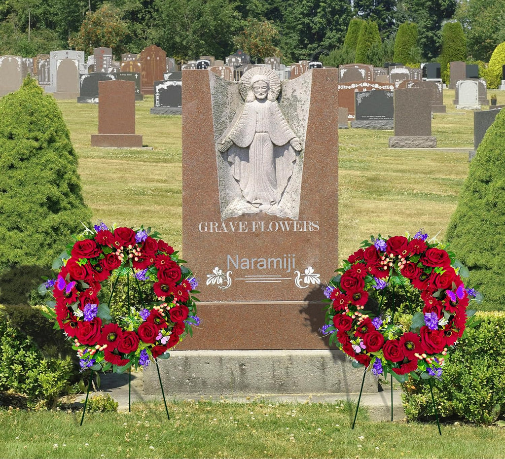 Cemetery Wreath for Grave, Red Roses Memorial Wreath with 30 Inch Easeal Stand, Fade-Resistant