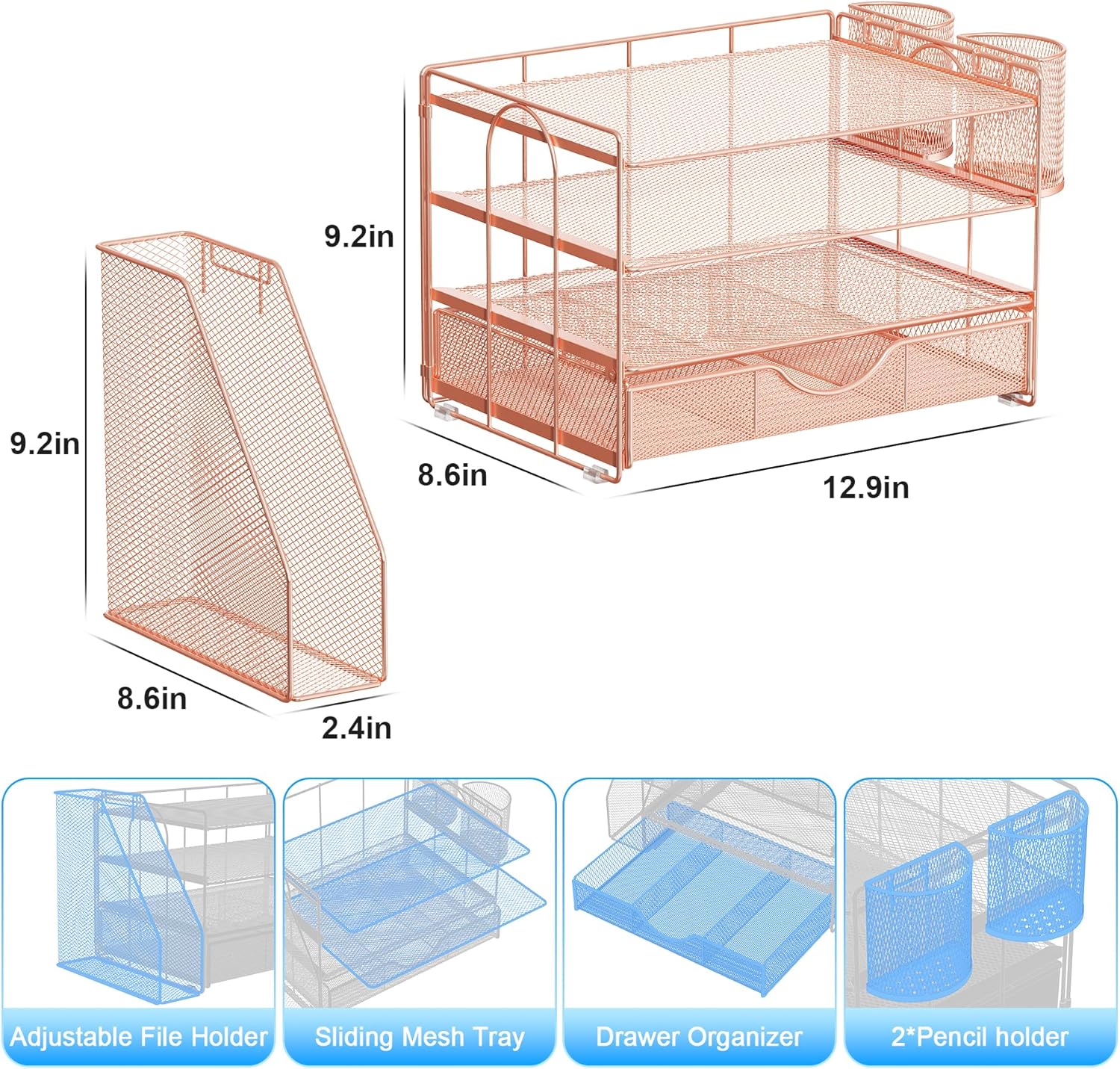 Desk Organizers and Accessories with File Holder, 4-Tier Desk Accessories & Workspace Organizers with Drawer and 2